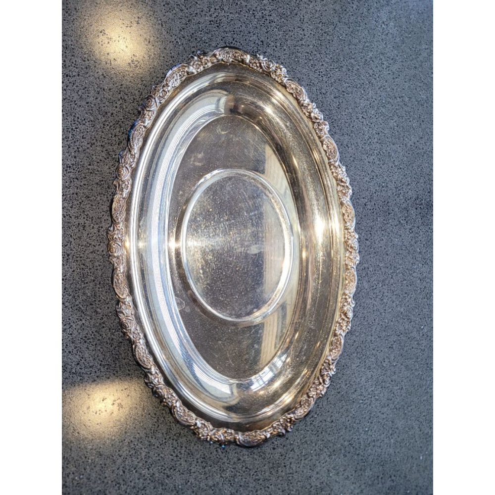 Vintage Oneida Silverplate Oval Serving Tray Ornate Floral Border 11 Inch